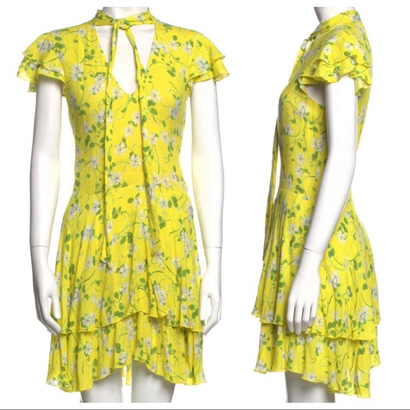 NWT ALICE + OLIVIA 8 Moore Yellow Floral Ruffle Neck Tie Dress - Picture 4 of 5